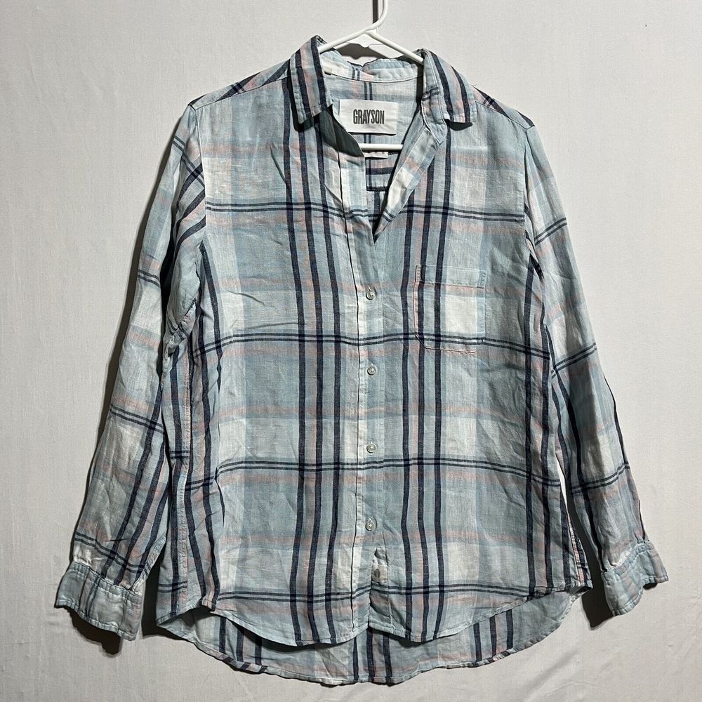 Grayson The Hero Shirt Women's US 2 Multicolor Linen Plaid Long Sleeve Button-Up